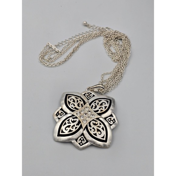 Does not apply Jewelry - Fashion Silver Tone Multi-Chain Necklace Large Floral Filigree Pendant Clear